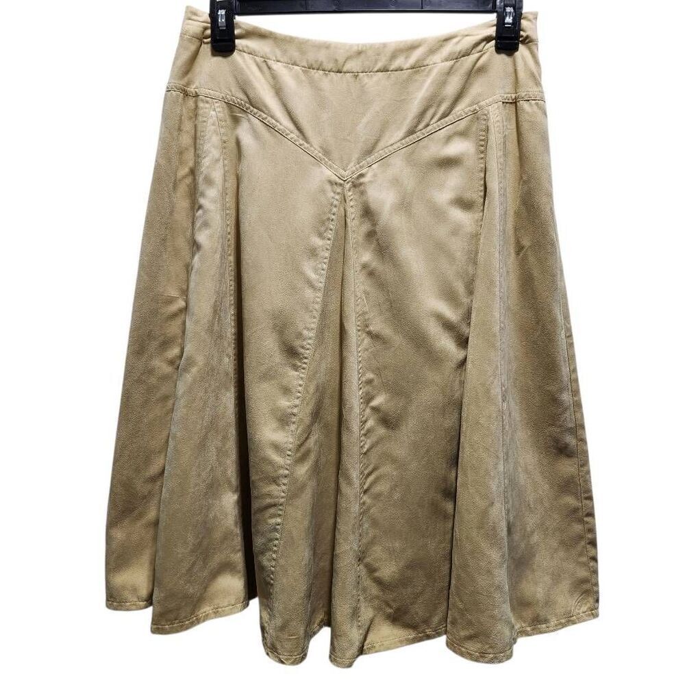 Coldwater Creek Skirt crinkle faux chamois midi tan PM Petite 10-12 New